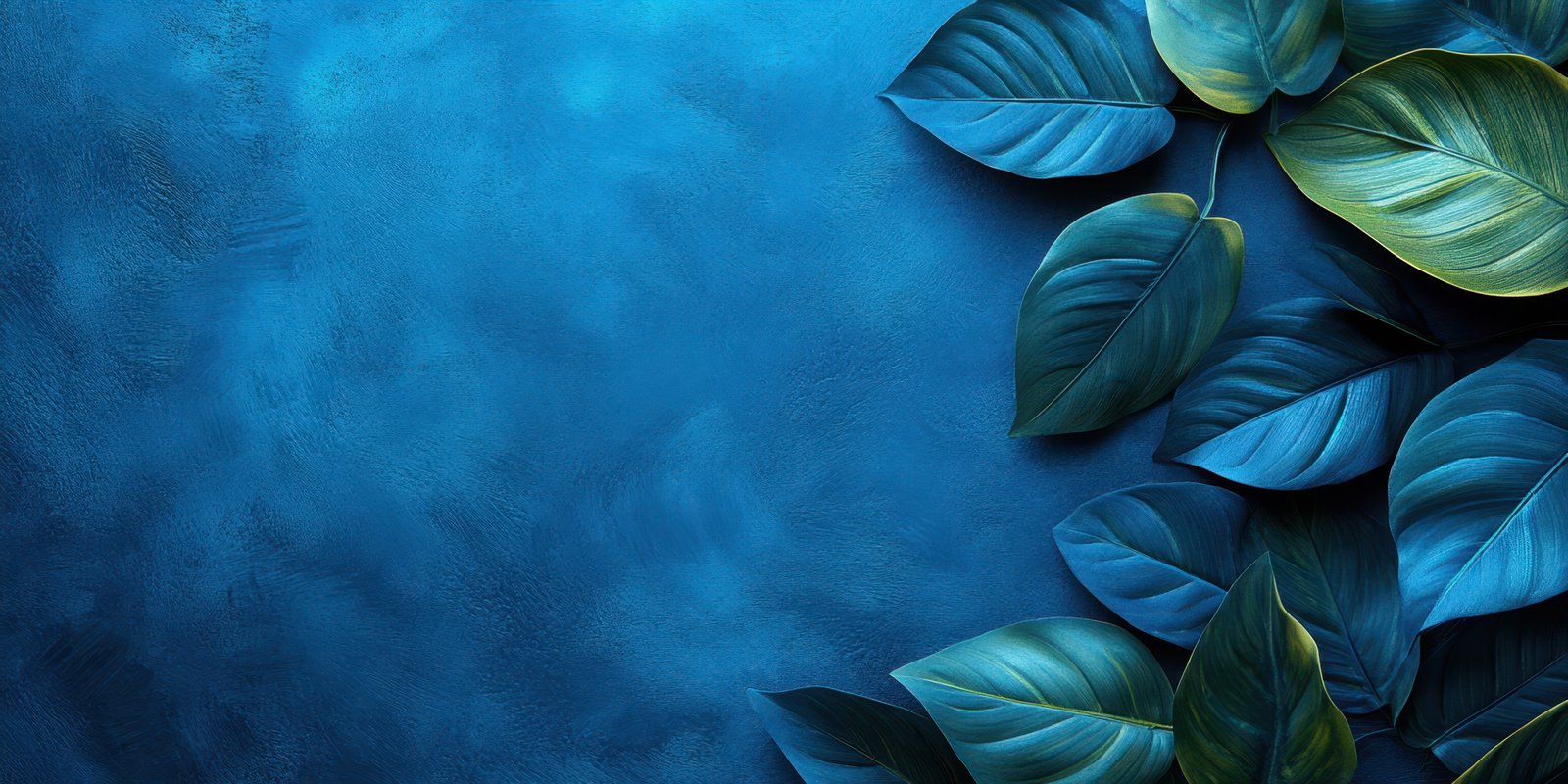 Lush green leaves contrast with vibrant blue background creating a serene natural ambiance